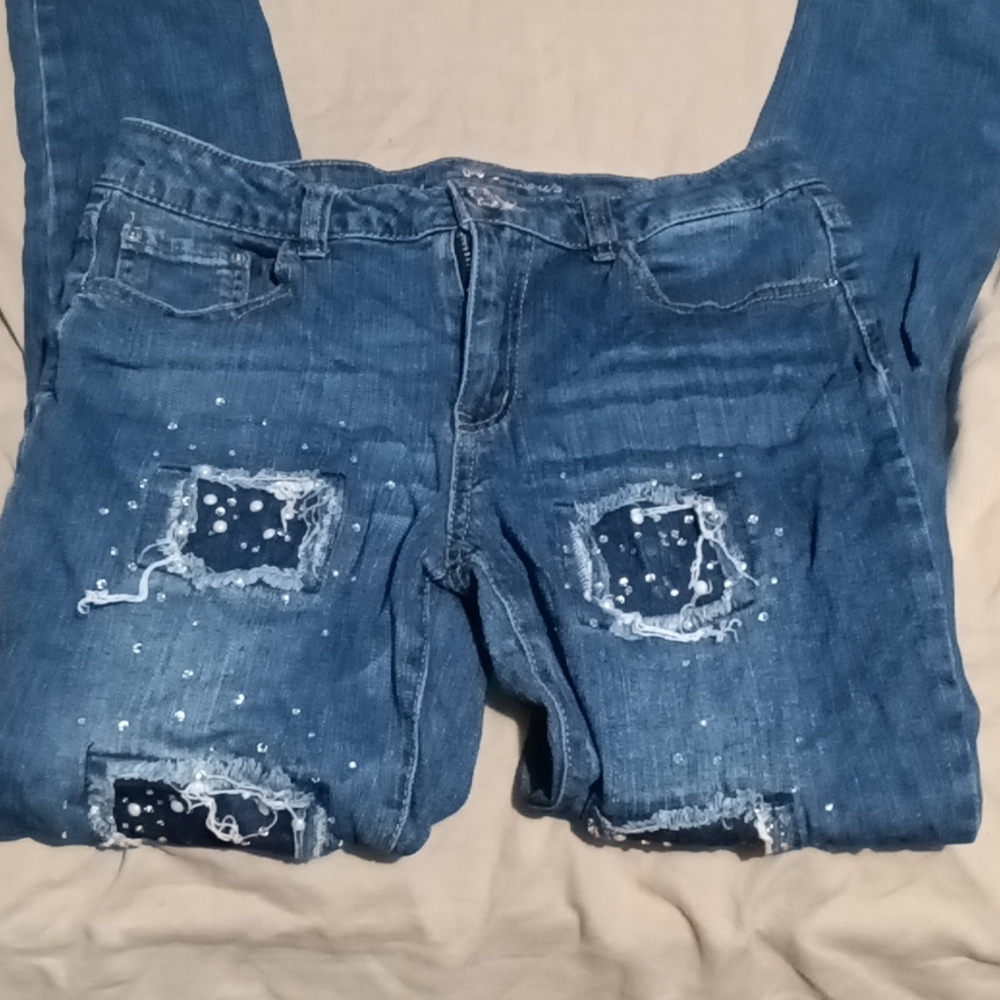 Almost Famous Jeans w/ Patched Ripped w/ Pearls & Gems